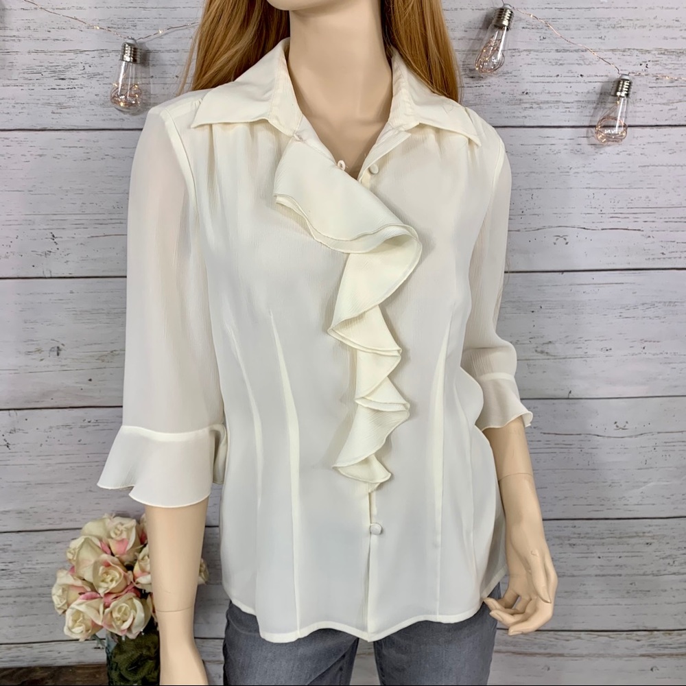 JUDITH HART Cream Ruffle Front Button-Down Blouse